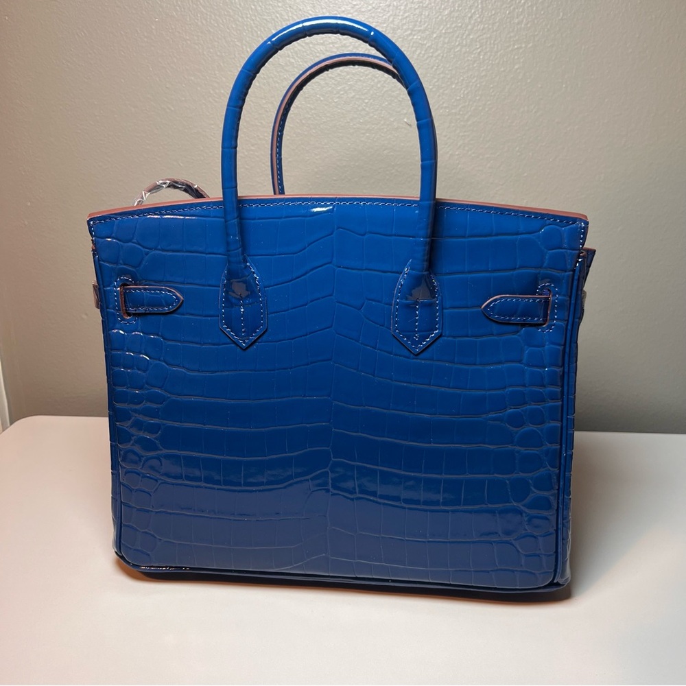 Genuine Blue Leather embossed in Crocodile Print 30cm with gold hardware. - Picture 4 of 8